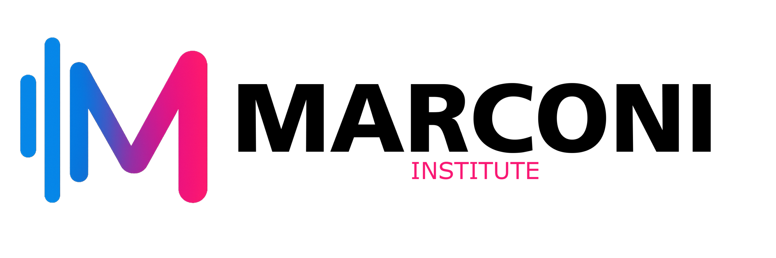 Marconi Institute logo with gradient M icon and pink Institute wordmark on a black background